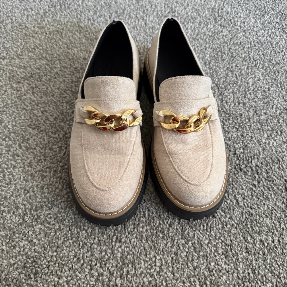 Beige Suede Chain-Trim Loafers